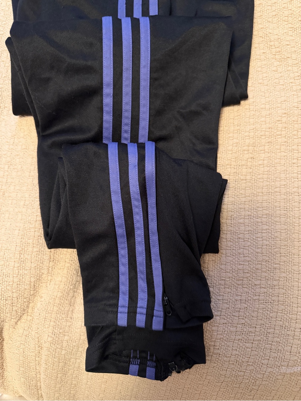 Adidas Track Pants-Black w/Purple  Stripes, Elastic/Drawstring Waist. Zippers.